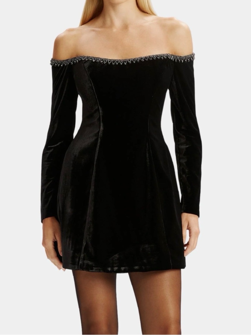 Bardot Black Off-Shoulder Velvet Long Sleeve Mini Dress with Beaded Trim